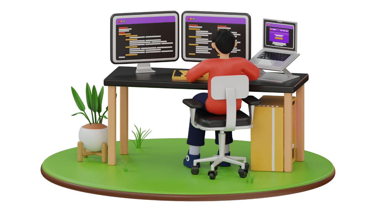 3D illustration of a developer working at a desk